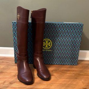 TORY BURCH Everly Riding Boots Calf Leather Dark Almond Sz 9.